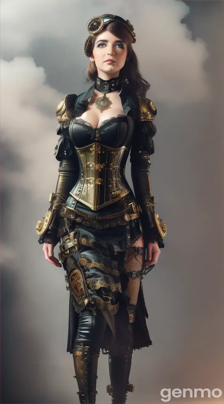 A young woman dressed in a detailed steampunk gear lacy outfit, featuring a gear-embellished corset and leather straps, wearing brass goggles with intricate designs. She is walking confidently through thick, swirling steam clouds in a Victorian-era industrial setting. The background is filled with towering metal structures, gears, and pipes, all shrouded in mist, creating a mysterious and atmospheric scene