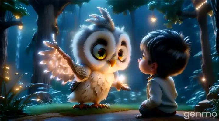 a little boy looking at an owl in the forest