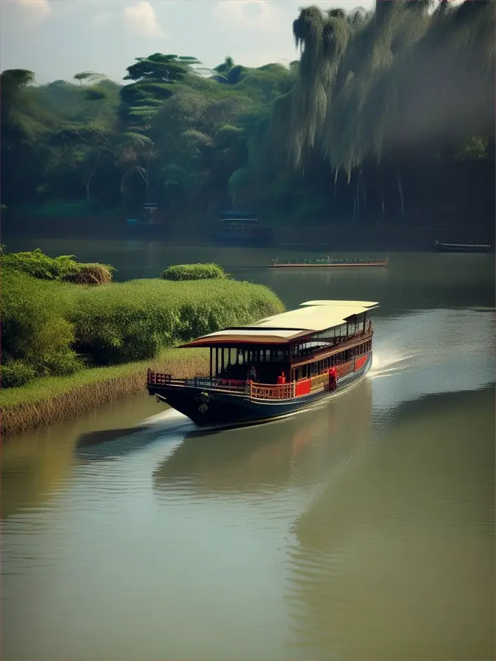 in the cultural heart of java, yogyakarta, experience the hustle and bustle of a river ferry (angkutan sungai), as it navigates the serpentine waterways, carrying locals and goods amidst the lush green landscapes and traditional architecture, evoking a sense of timeless tradition and daily life, abandoned style