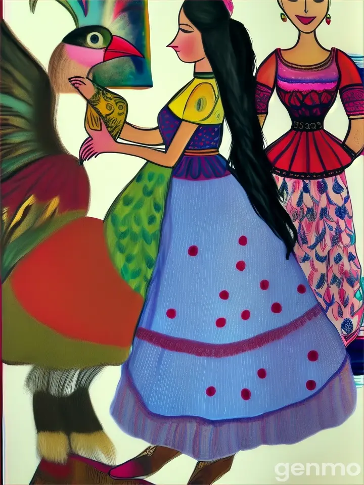 a painting of a woman in a dress and a bird