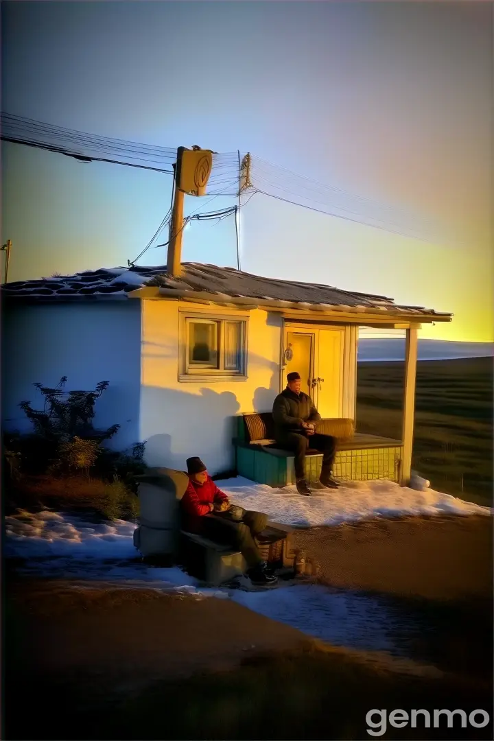 a man sitting on a bench in front of a small house in the snowing 
