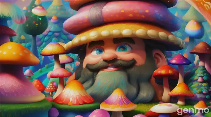 Cartoon very beautiful dwarves in mushrooms house 