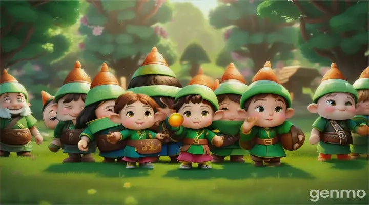 Cartoon very beautiful very small dwarves near beautiful chikan in field 