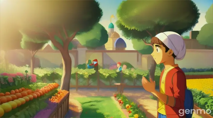 Muslim boy cartoon asking question from grand father in fruit garden