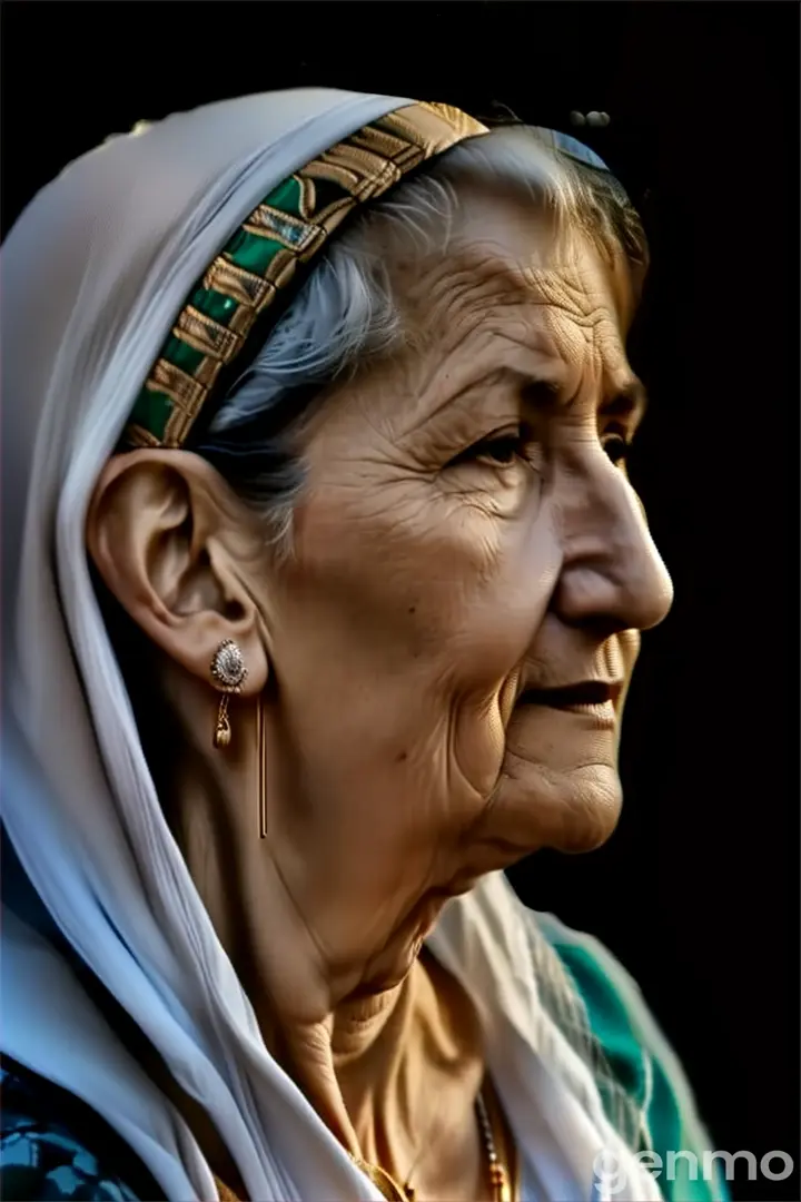 an older woman wearing a headscarf and wearing earrings