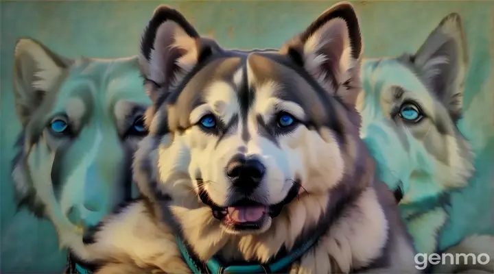 a close up of a dog with blue eyes