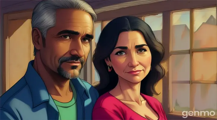 Cartoon very beautiful 40 years old woman with 55 years old man in poor house 