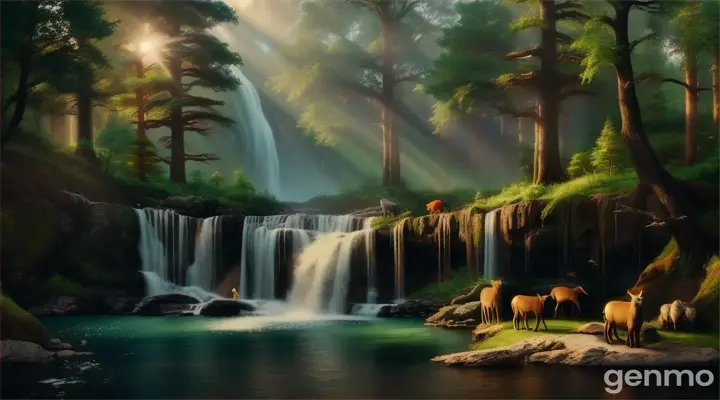 a forest scene with animals by a waterfall