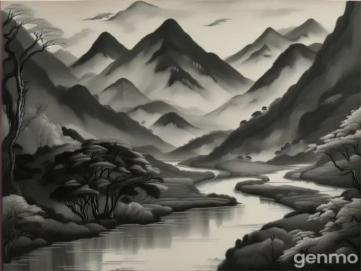 水墨画，山穷水尽疑无路，柳暗花明又一村