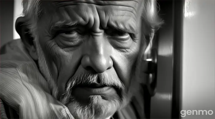 "An old man opening the door, rubbing his eyes as if just woken up, and asking Ramdeen who he is and why he is there so late at night."