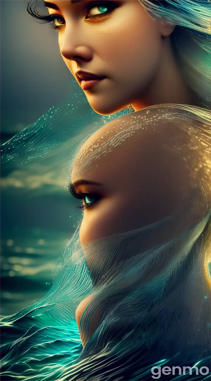 The fantasy female looks like a nymph  in a water lightings fused with ocean waves