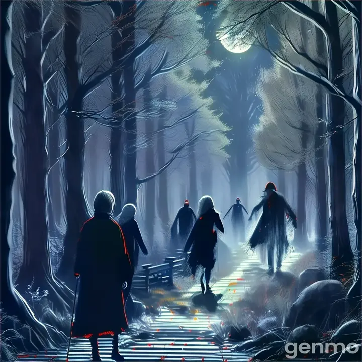 a group of people walking through a forest under a full moon