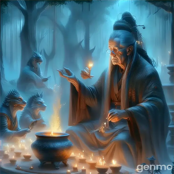 a painting of a man sitting in front of a pot filled with candles