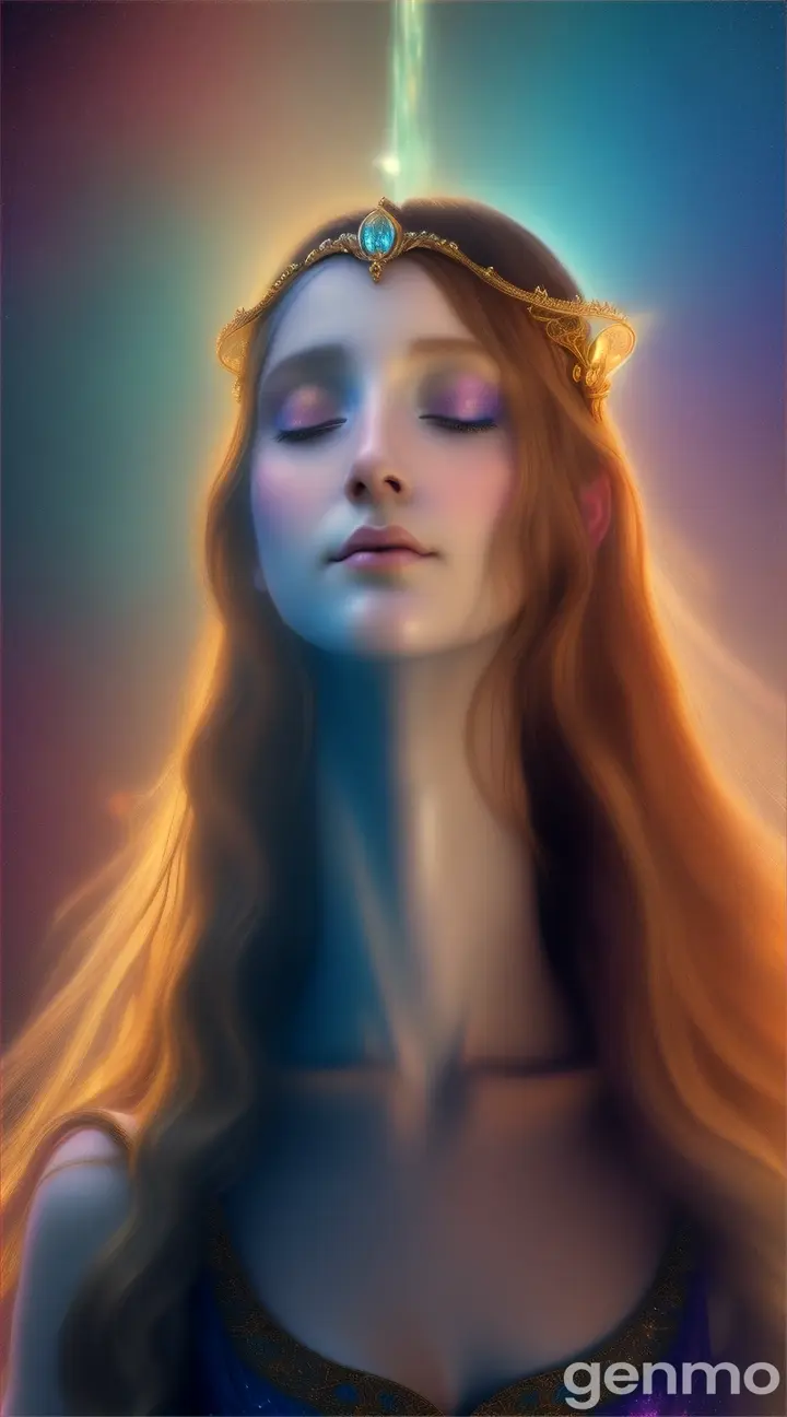 The fantasy female princess looks like a nymph  in a space lighting fused with the universe, hyper-realistic image, great details, and dynamic scene