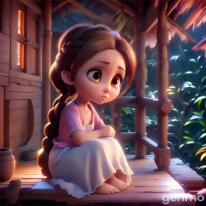 a  sad cute girl wearing long white skirt pink blouse  having a big eye and a braid sitting outside of balcony of  small old hut at jungle at night  3D nimation cartoon 