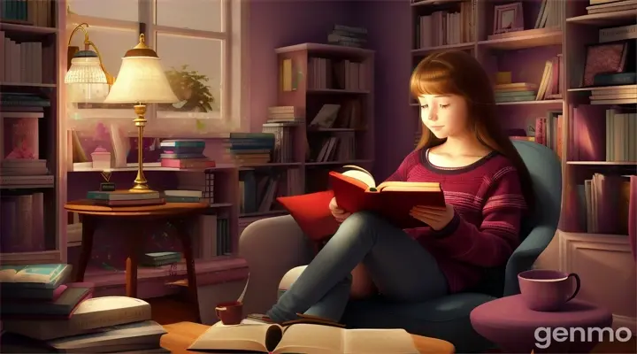 create a pixa 3d image of a teenage she is about 15 yrs old reading a book on the front of the book let it say The Incredible Wonderland of Shelly let the teenage be in a cozy room in the corner reading a story from the book The Incredible Wonderland of Shelly and let there be a lot of books on the shelf