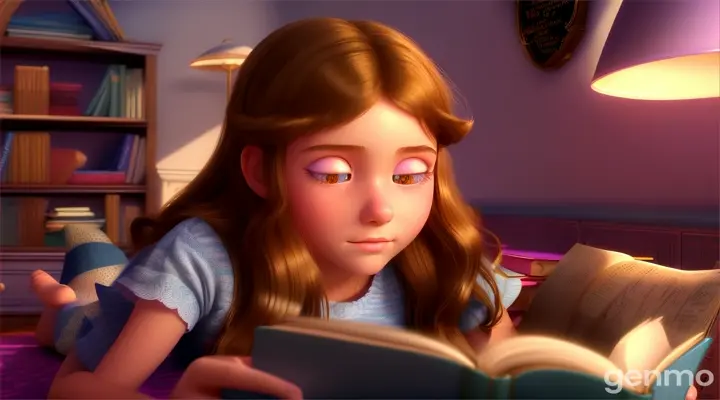 create a pixa 3d image of a teenage she is about 15 yrs old reading a book on the front of the book let it say The Incredible Wonderland of Shelly let the teenage be in a cozy room in the corner reading a story from the book The Incredible Wonderland of Shelly and let there be a lot of books on the shelf