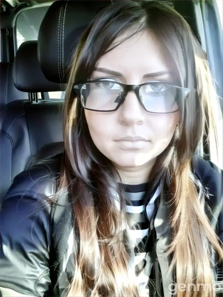 a woman wearing glasses sitting in a car