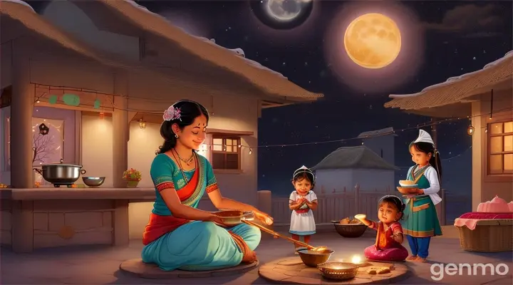 Create an illustration for the Hindi children's song "चंदा मामा दूर के." The scene should depict a charming night sky with a bright, friendly moon (चंदा मामा) smiling down from above. Below, show a traditional village setting where a loving mother is cooking sweet treats (पूए) made of jaggery (गूर) in an open kitchen. A little child (मुन्ना) is eagerly waiting nearby, with a small broken bowl (प्याली) in his hand. The mood should be warm and playful, capturing the essence of a loving family moment under the gentle glow of the moonlight.