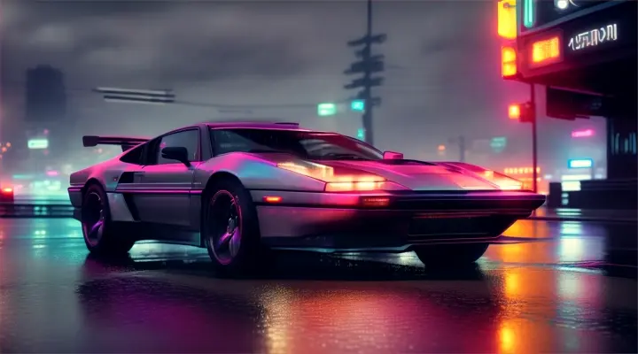 Car parked in a rainy street reflecting a neon-lit futuristic cityscape