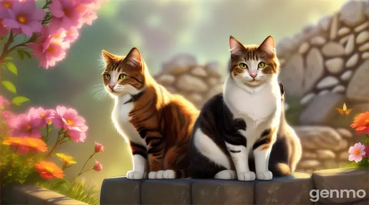 cats perched on top of a wall, watching butterflies