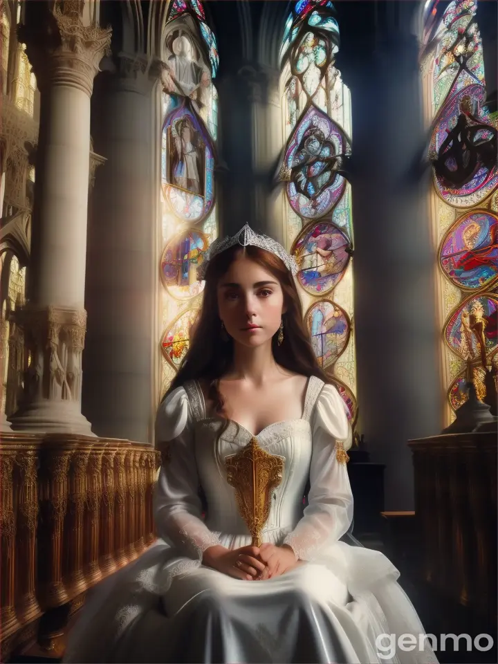 A woman in a white dress sitting in an ornate Gothic cathedral adorned with stained glass windows and flickering candles