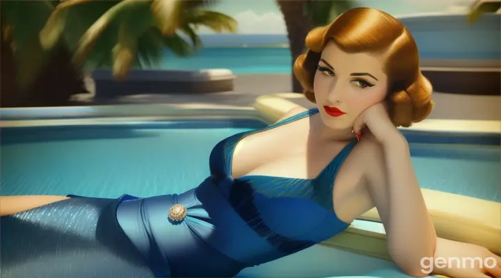 A woman in a blue dress lounging in an Art Deco-inspired pool with palm trees in the background