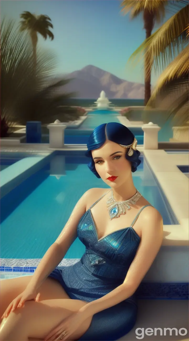 A woman in a blue dress lounging in an Art Deco-inspired pool with palm trees in the background