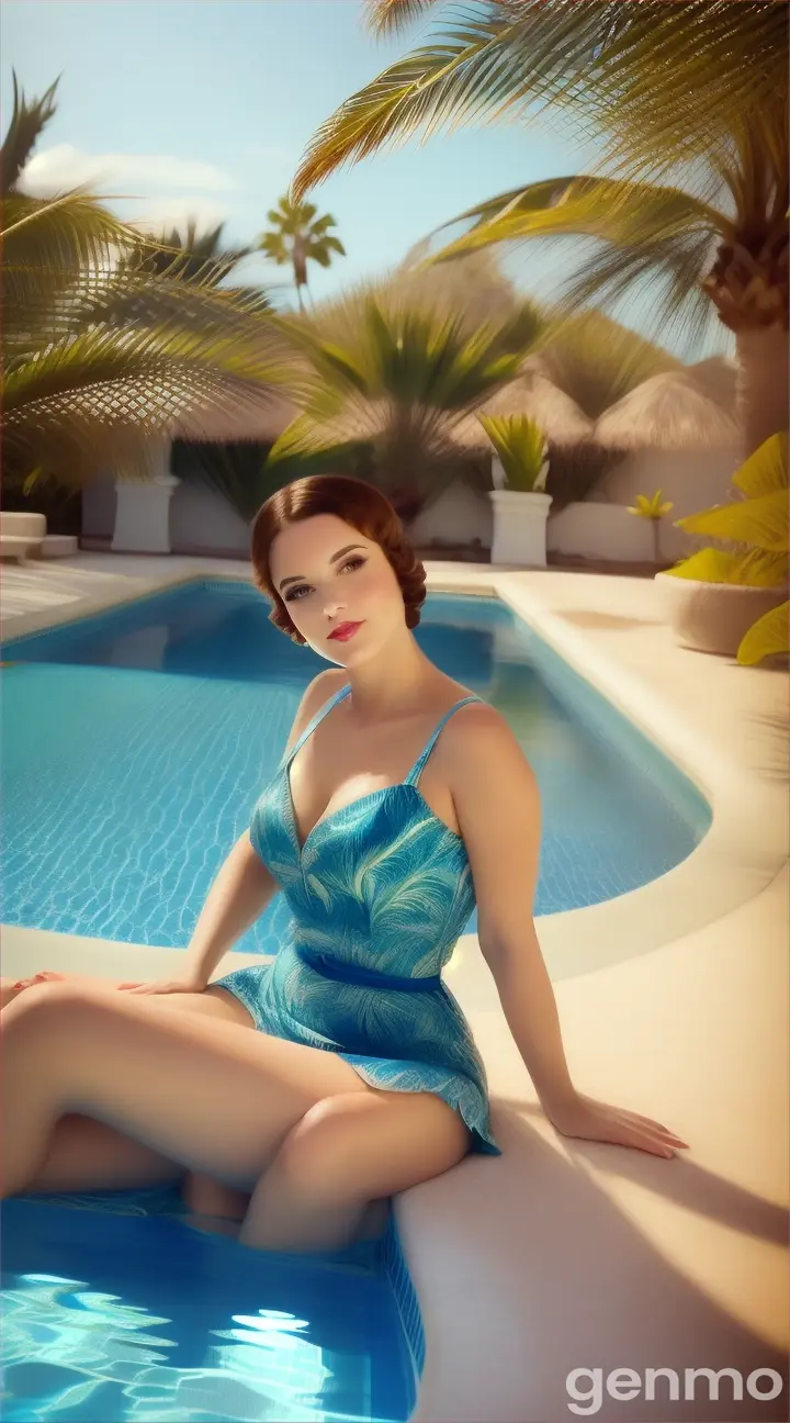 A woman in a blue dress lounging in an Art Deco-inspired pool with palm trees in the background