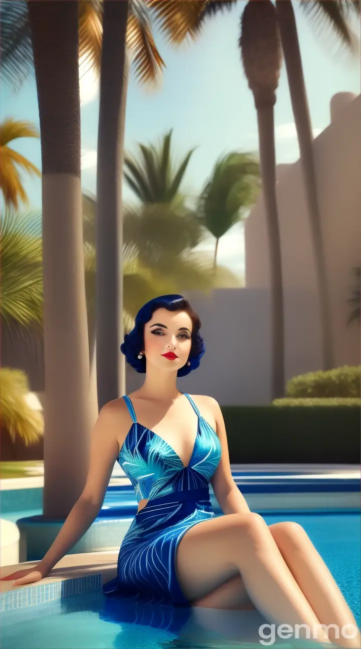 A woman in a blue dress lounging in an Art Deco-inspired pool with palm trees in the background