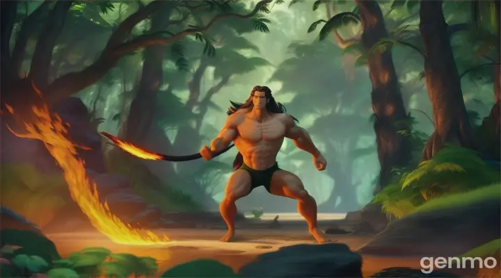 3d animation cartoon Tarzan s est eleve dans une ile forestiere il utilisr le feu comme arme contre les animaux predateures