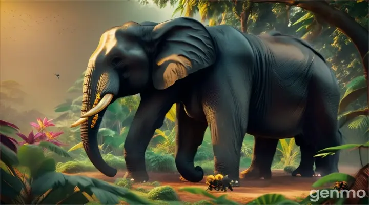in a jungle landscape. left view A , medium shot of a one large, black, evil and ferocious elephant, where one bee with fluttering wings hovering near the ear of a elephant , The scene is rendered in vibrant 3D with rich, saturated colors and detailed textures that bring the environment to life.
