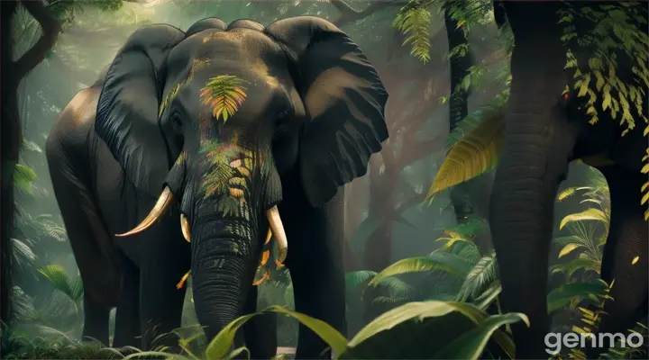 in a jungle landscape. A , medium shot of a one large, black, evil and ferocious elephant, where one bee with fluttering wings hovering near the ear of a elephant , The scene is rendered in vibrant 3D with rich, saturated colors and detailed textures that bring the environment to life.