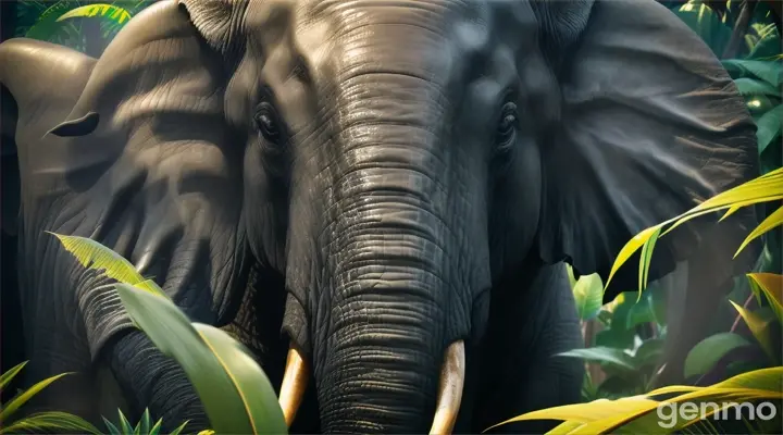 in a jungle landscape. Close-up of one large, black, evil and ferocious elephant, face, showing his eyes slowly closing and a relaxed expression forming as he listens to the soothing music. , The scene is rendered in vibrant 3D with rich, saturated colors and detailed textures that bring the environment to life.
