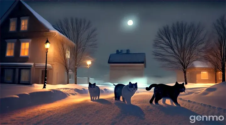 It is snowing very heavily.
It is snowing very heavily.
Çok yoğun kar yağıyor.
It's snowing heavily.
Yoğun kar yağıyor.
 A few cats are walking on the road. night. The house lights are on. The moon is very big and beautiful. The interiors of the houses can be seen through their large windows. The house lights are on.