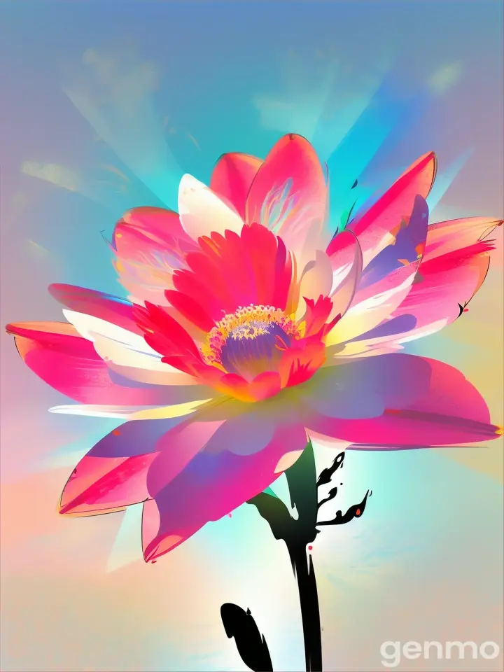 in the foreground a digital sketch style stylized single flower godetia with thick strokes, blots and spots. background of Modern digital blue sky and sun rays. на переднем плане digital sketch style stylized одиночный ЦВЕТОК годеция с толстыми обводками со штрихами, кляксами и пятнами. background of Modern digital blue sky and sun rays.