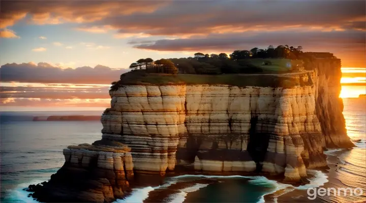 Aerial view of a quadcopter gliding along a coastal cliff illuminated by golden hour light, with rolling waves and natural rock formations