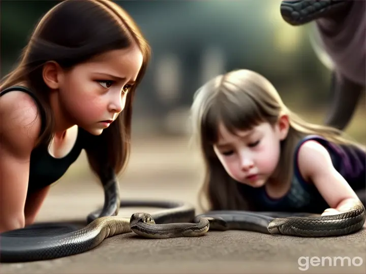 Create a snake come near to a cute little girl and a woman