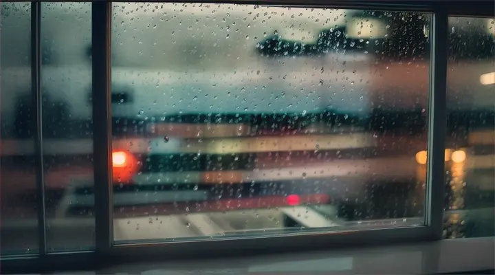 A piano near a mid-century Miami window as heavy rain pours outside, view from afar, outside perspective