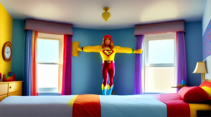 A cozy bedroom with a window showing a sunny morning. Show the entire figure of Captain Bright, a cheerful superhero with a shiny cape, waking up and stretching in her bed. Her room is filled with colorful decorations, and a rainbow-themed alarm clock is on her nightstand."