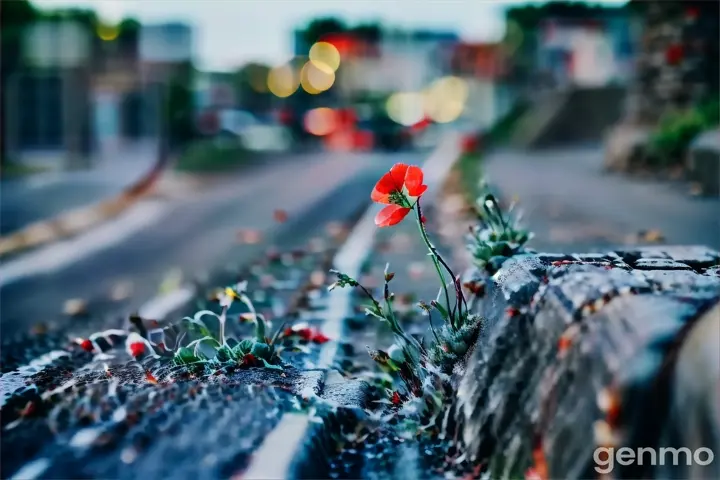 a single red flower sitting on the side of a road