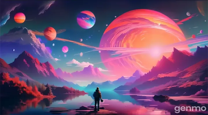 a painting of a person standing in front of planets a lake and mountains