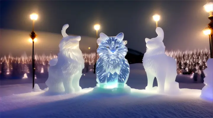 middle distance animal ice sculptures in a moonlit winter festival, 