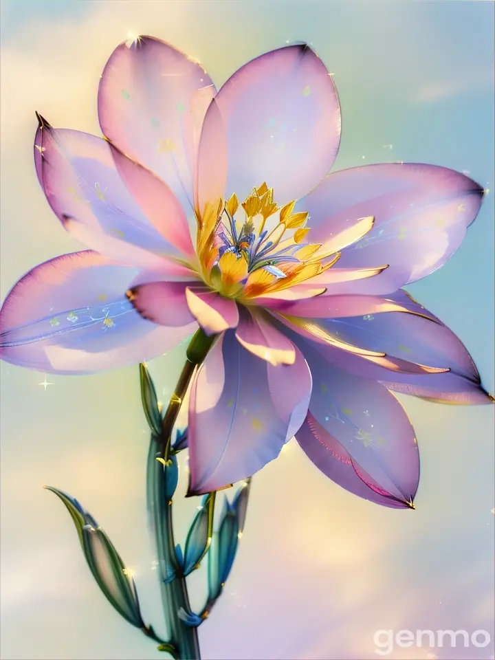 Digital sketch of godetia flower with a watercolor style blue sky and sun rays in the background