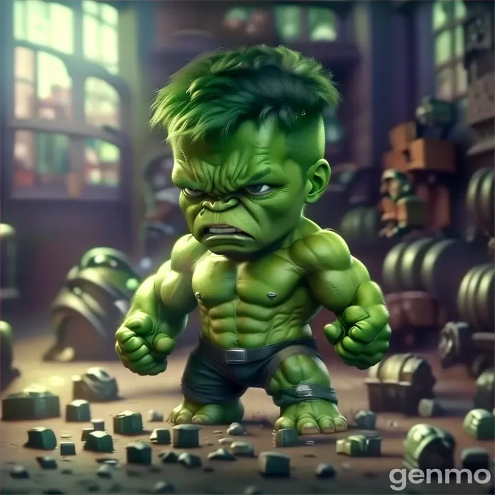 a very cute little hulk with a very angry look on his face