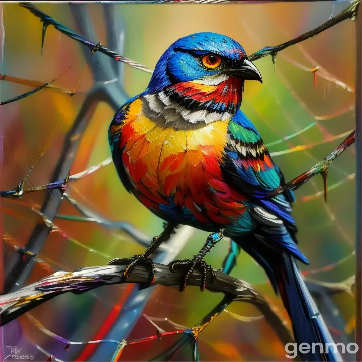 a painting of a bird and a spider 🕸️ 🕸️ web cahf 