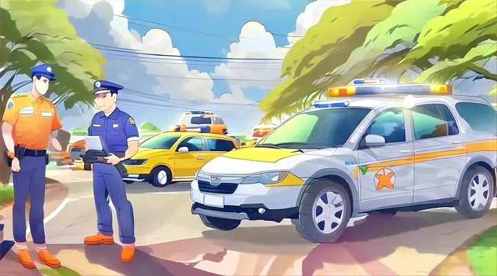 a cartoon of a man standing in front of a police car