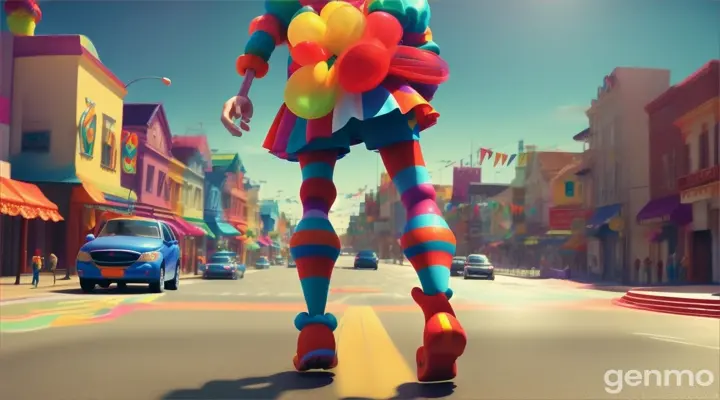 very tall clown walking on the road Pixar 3d