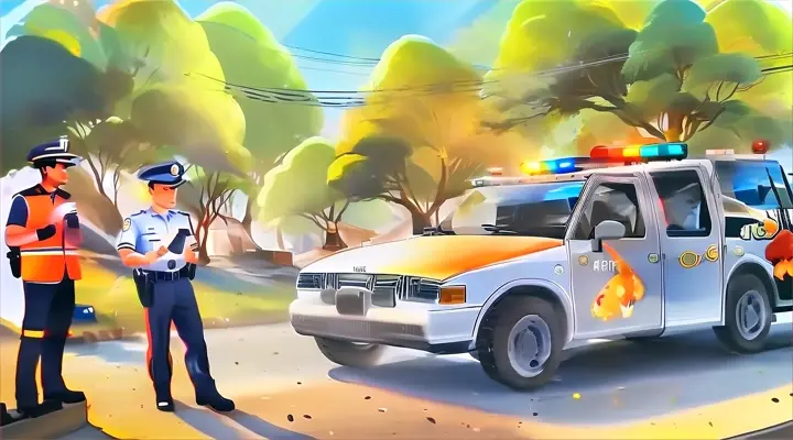 a painting of two police officers standing in front of a firetruck