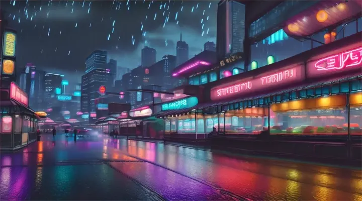 Rainy street market in a surreal cyberpunk world with food stalls, neon visuals, and music played by holographic ads  